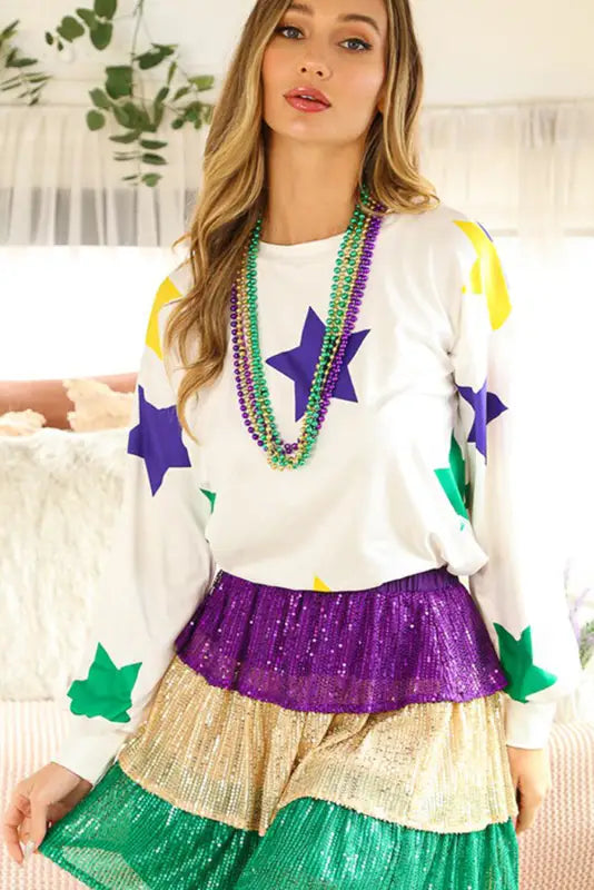 White mardi gras star printed long sleeve top - tops