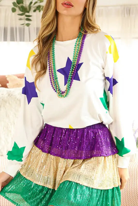 White mardi gras star printed long sleeve top - l / 95% polyester + 5% elastane - tops