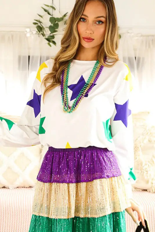 White mardi gras star printed long sleeve top - tops