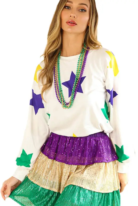 White mardi gras star printed long sleeve top - tops