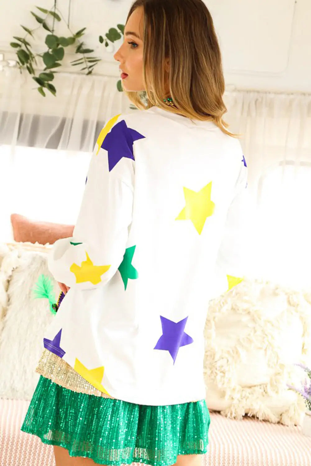 White mardi gras star printed long sleeve top - tops