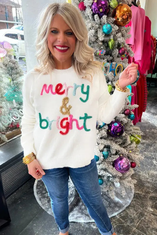 White merry & bright round neck casual sweater - sweaters cardigans