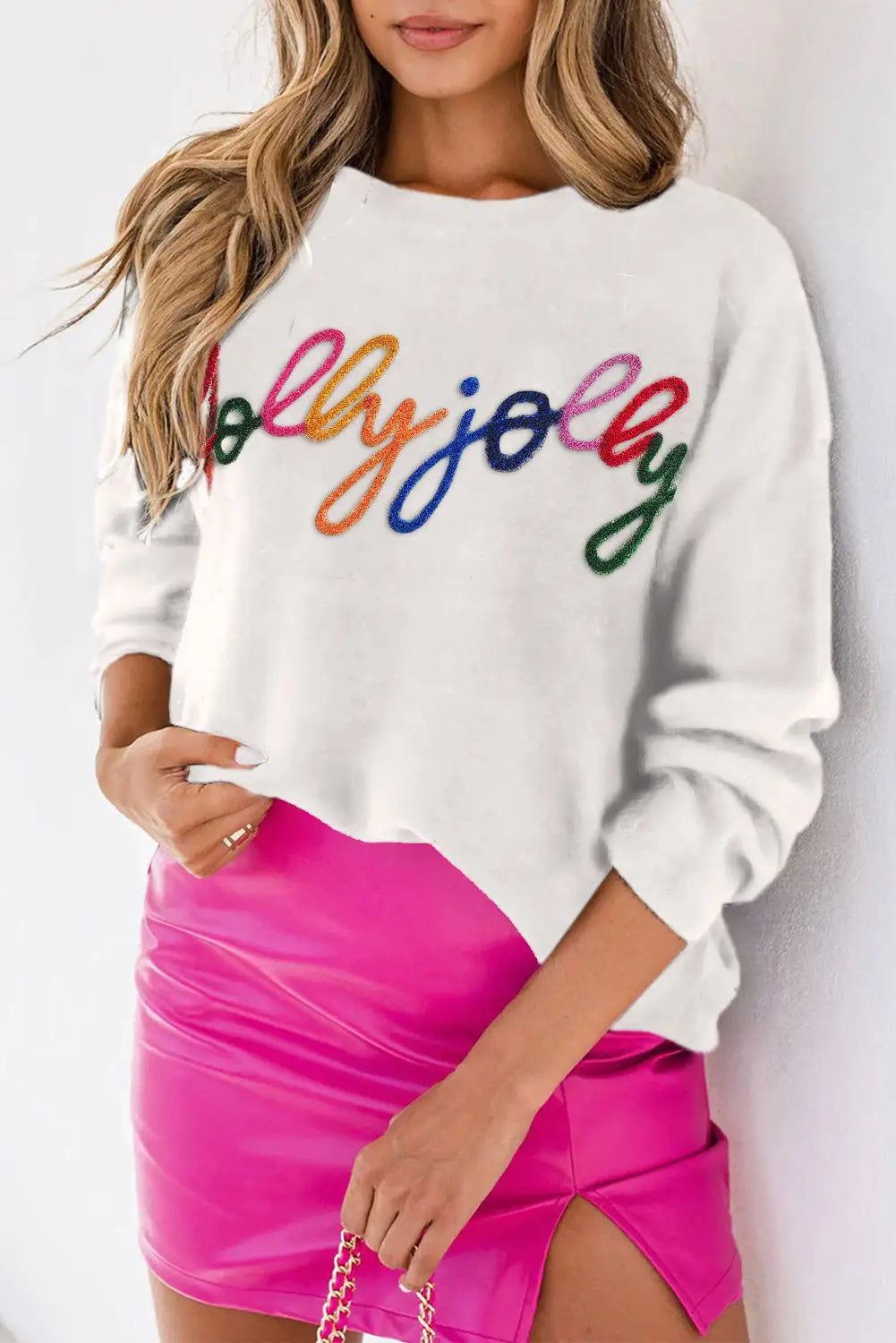 White merry & bright round neck casual sweater - white2 / l / 100% polyester - sweaters cardigans