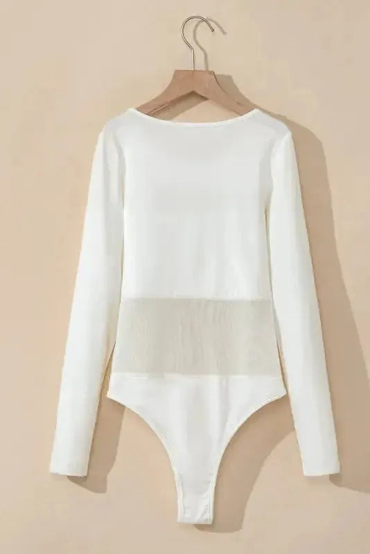 White Mesh Patchwork Bodysuit - Fashionfitz