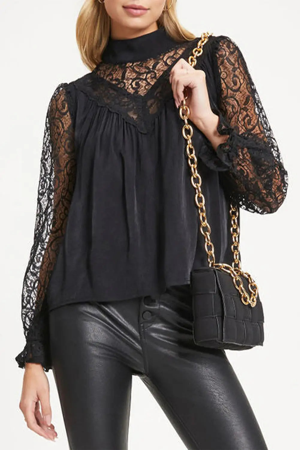 White mock neck lace splicing long sleeve blouse - black / s / 100% polyester - blouses & shirts