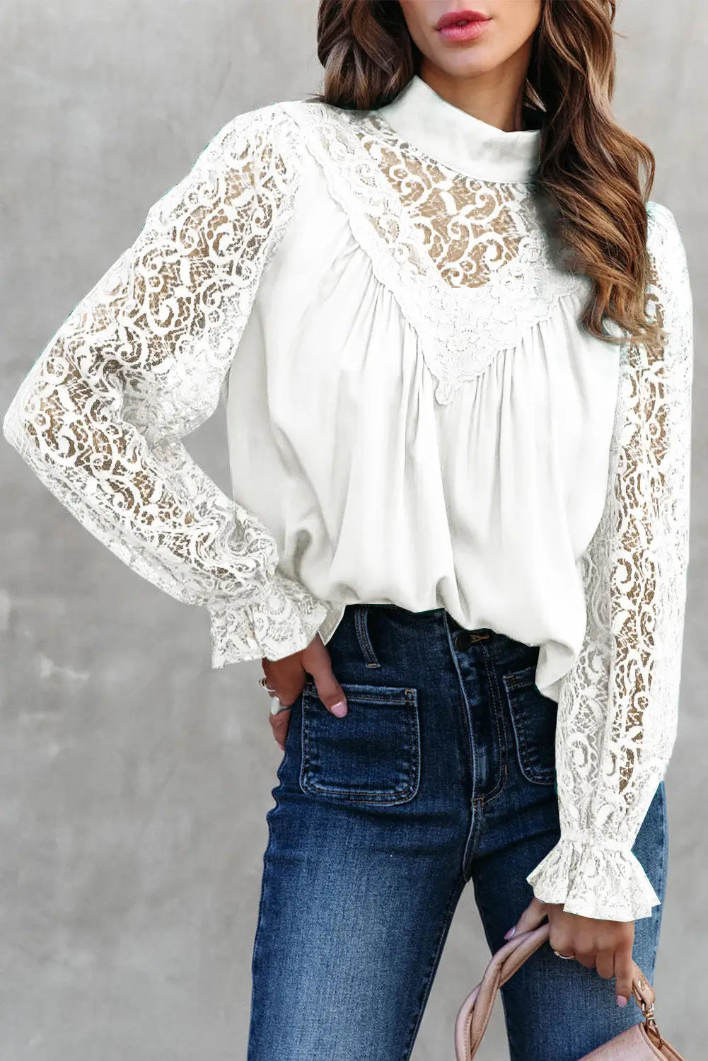 White mock neck lace splicing long sleeve blouse - s / 100% polyester - blouses & shirts