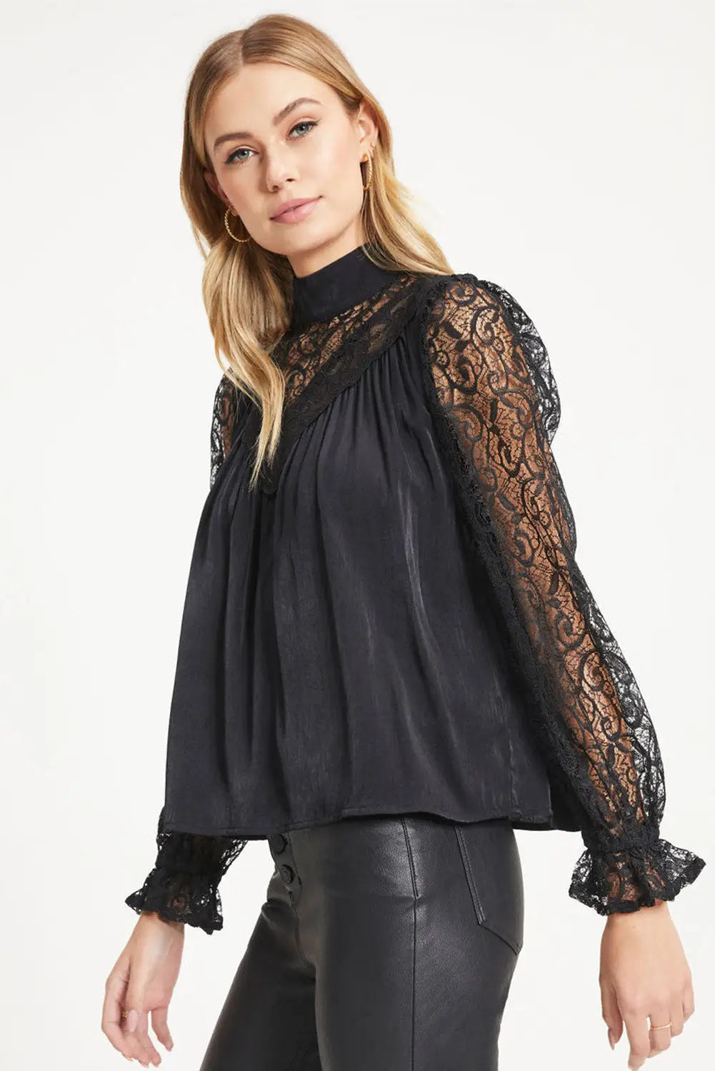 White mock neck lace splicing long sleeve blouse - blouses & shirts