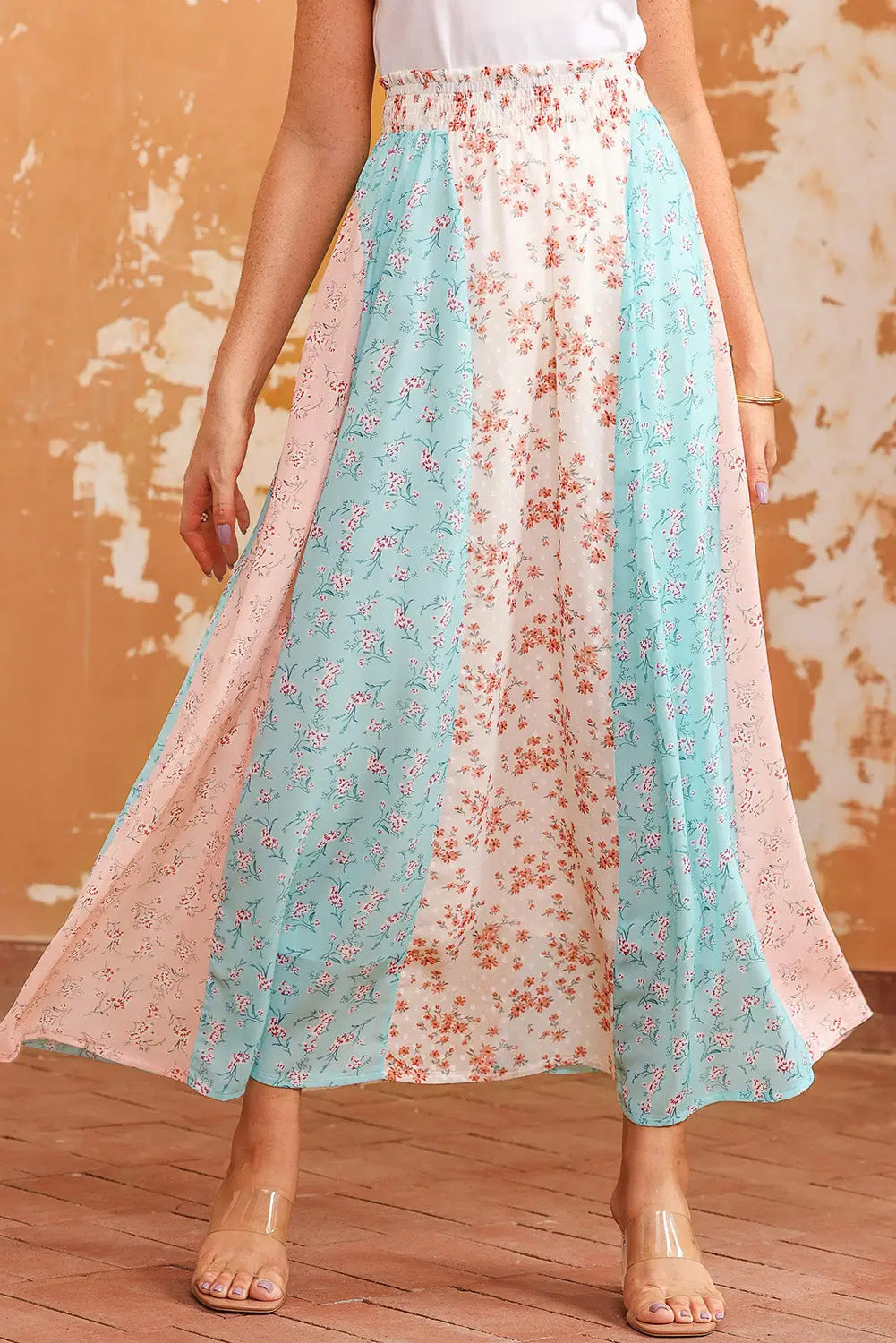 White multi floral print maxi skirt - s / 100% polyester - skirts