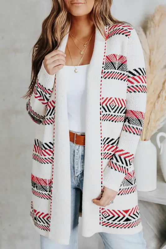 White open front draped geometric cardigan - xl / 50% viscose + 28% polyester + 22% polyamide - sweaters & cardigans