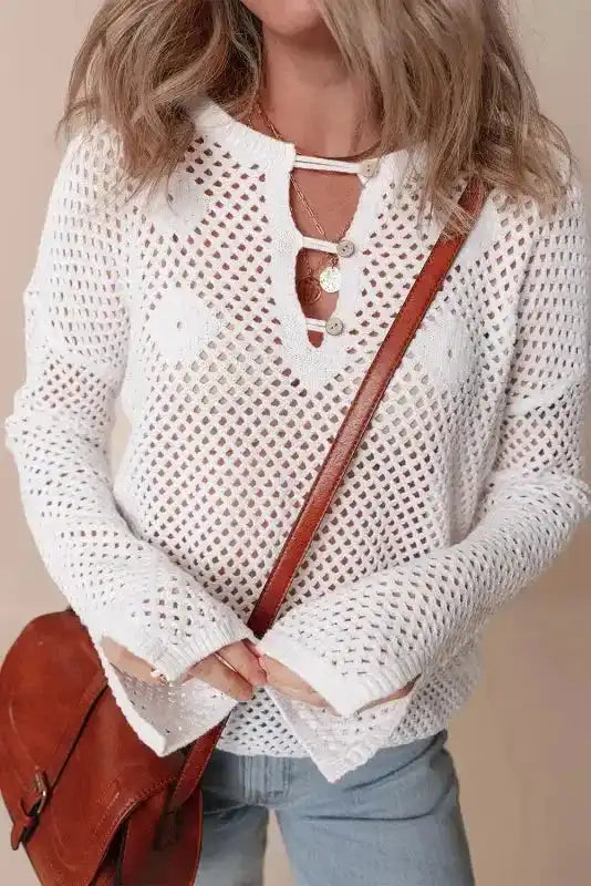 White Open Knit Sweater - Fashionfitz