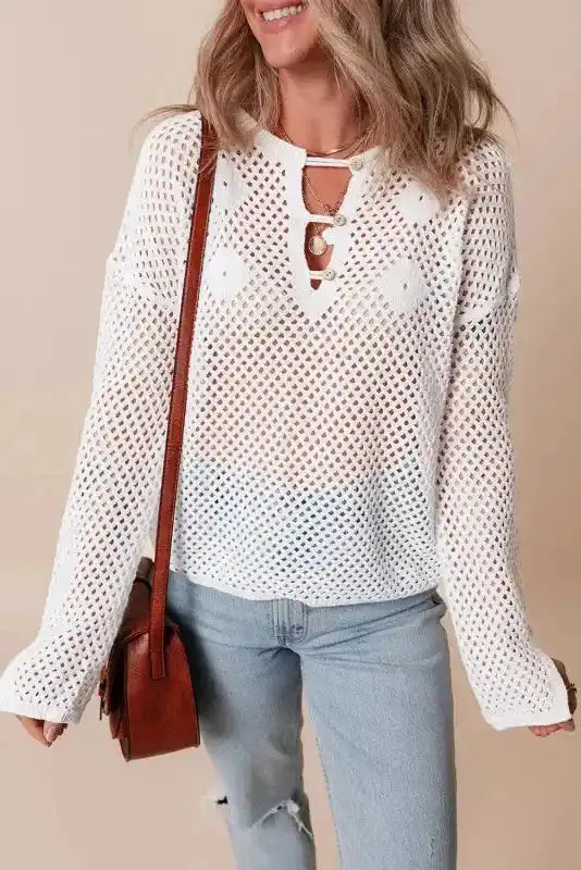 White Open Knit Sweater - Fashionfitz