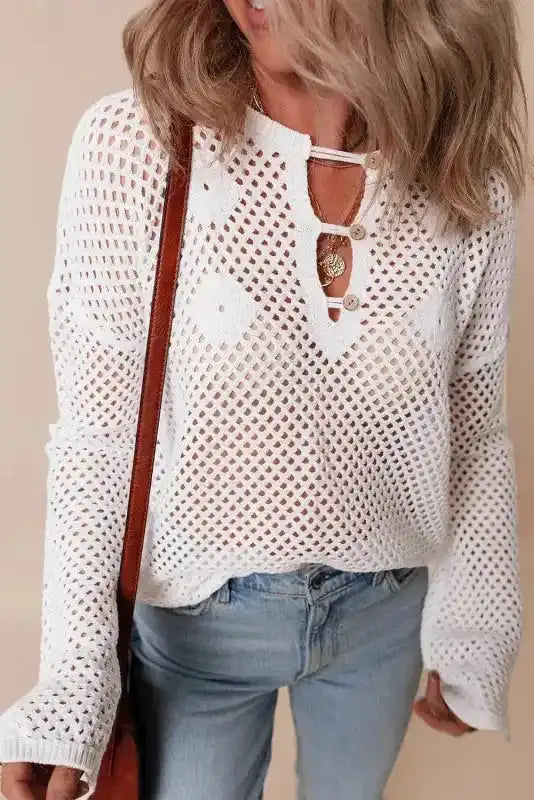 White Open Knit Sweater - Fashionfitz