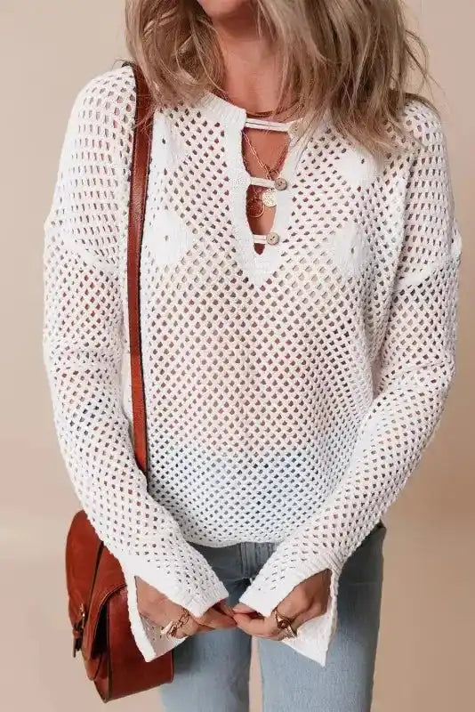 White Open Knit Sweater - Fashionfitz