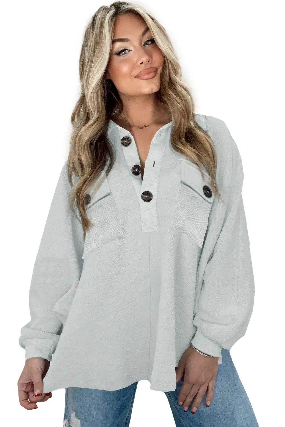 White oversized flap pockets button collared sweatshirt - sweatshirts & hoodies