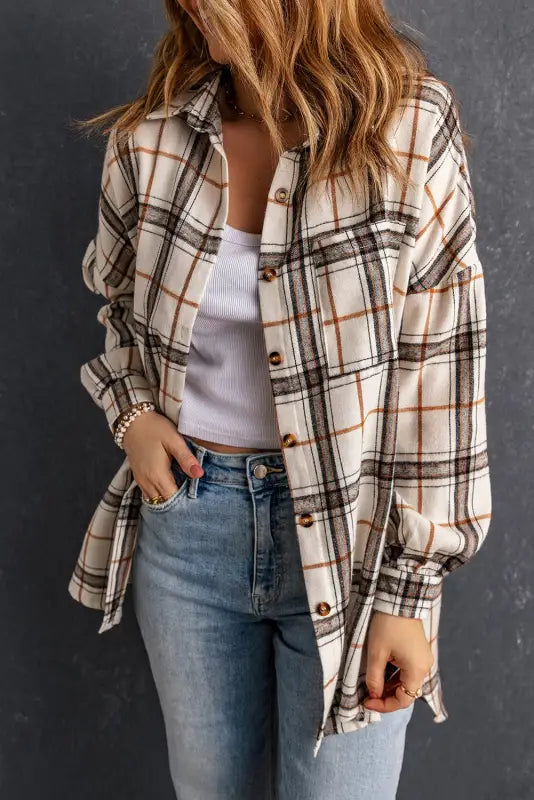 White oversized plaid pattern shacket with slits - shackets