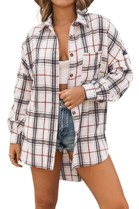 White oversized plaid pattern shacket with slits - shackets