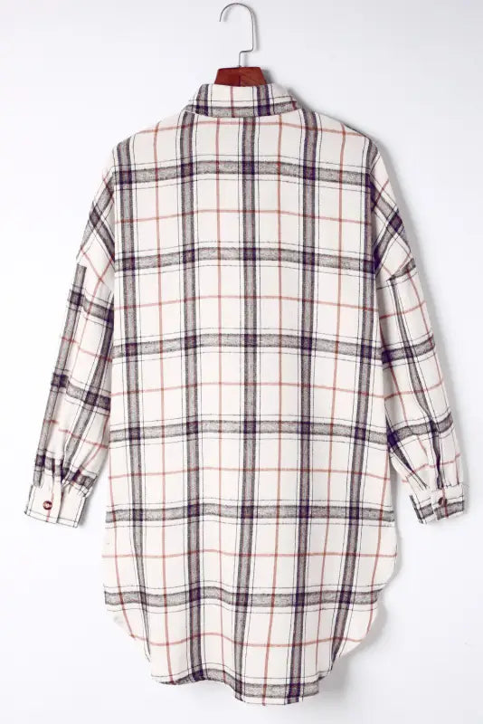 White oversized plaid pattern shacket with slits - shackets