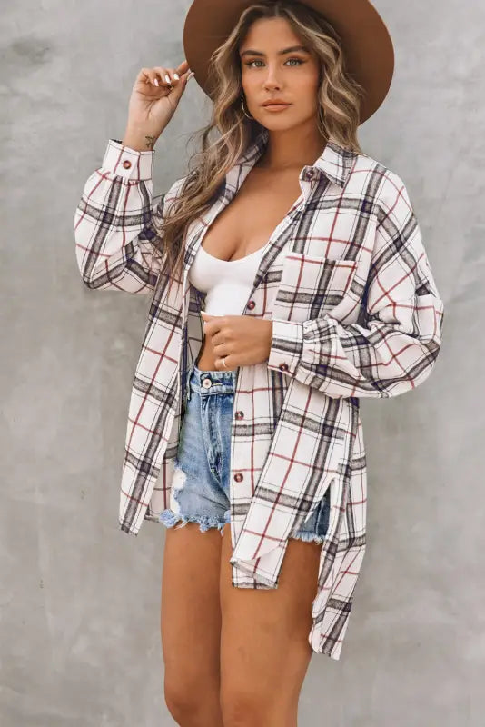 White oversized plaid pattern shacket with slits - shackets