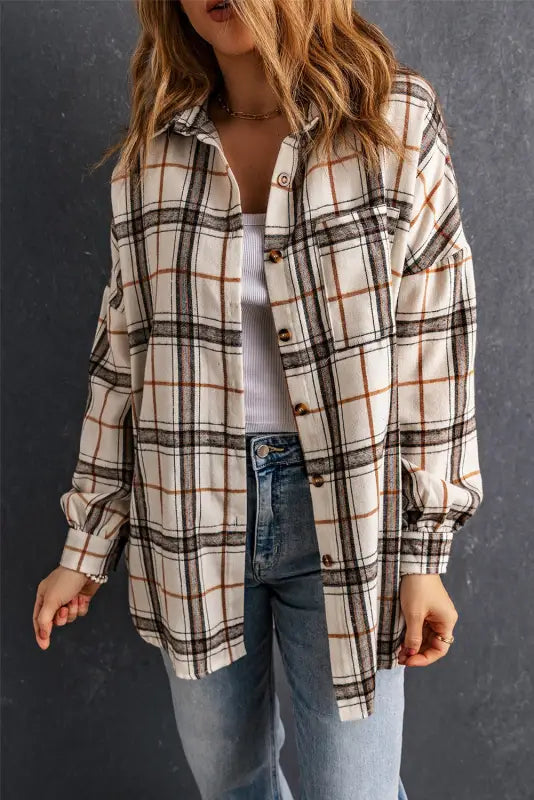 White oversized plaid pattern shacket with slits - shackets