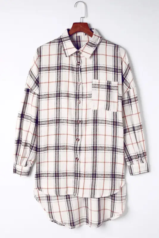 White oversized plaid pattern shacket with slits - shackets