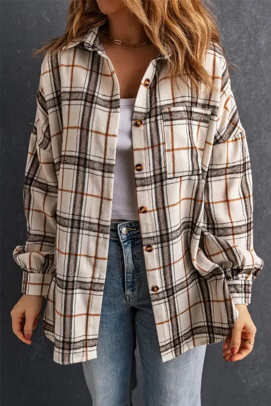 White oversized plaid pattern shacket with slits - shackets