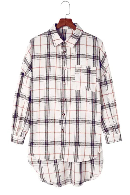 White oversized plaid pattern shacket with slits - shackets