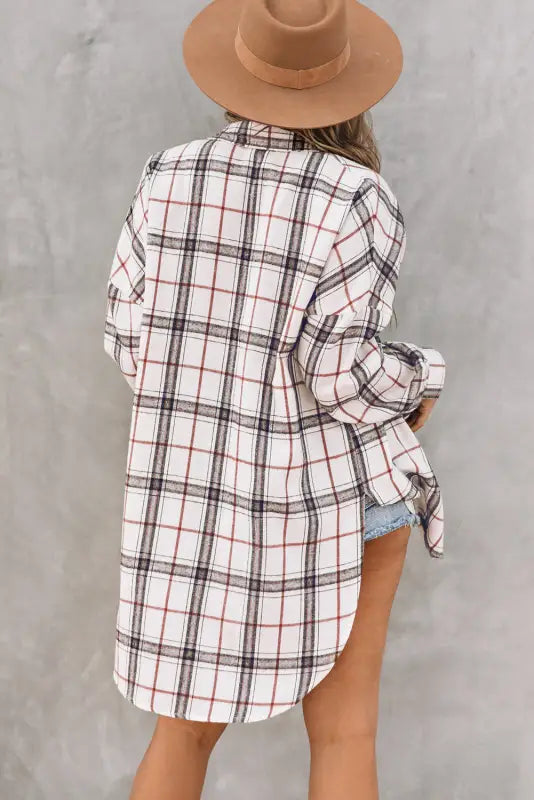 White oversized plaid pattern shacket with slits - shackets