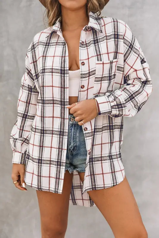 White oversized plaid pattern shacket with slits - shackets