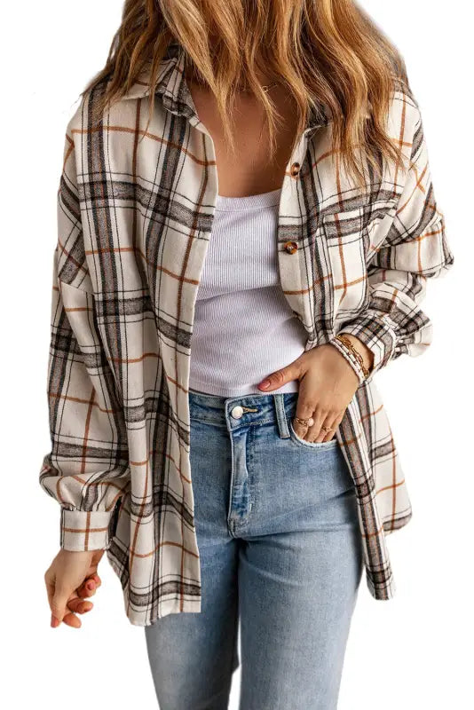 White oversized plaid pattern shacket with slits - shackets