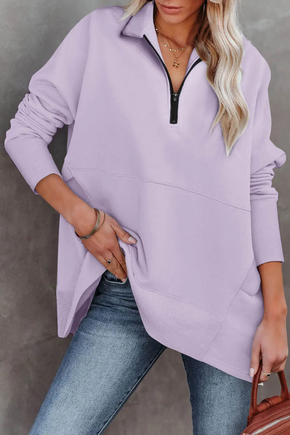White oversized quarter-zip pullover sweatshirt - purple / s / 50% polyester + 50% cotton - sweatshirts & hoodies
