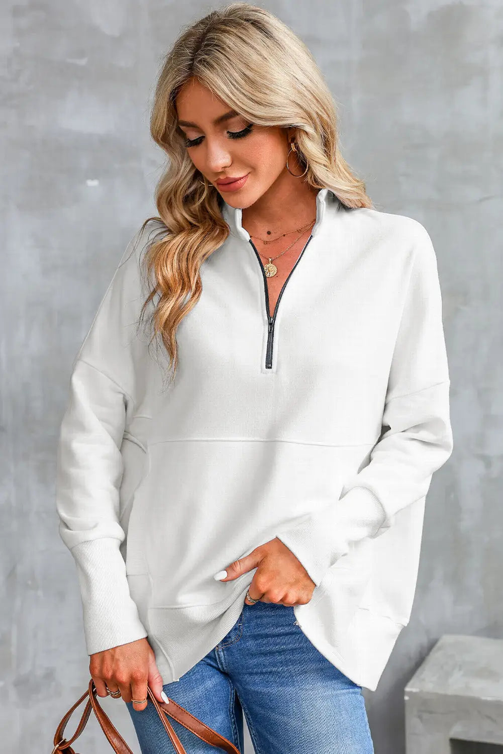 White oversized quarter-zip pullover sweatshirt - s / 50% polyester + 50% cotton - sweatshirts & hoodies