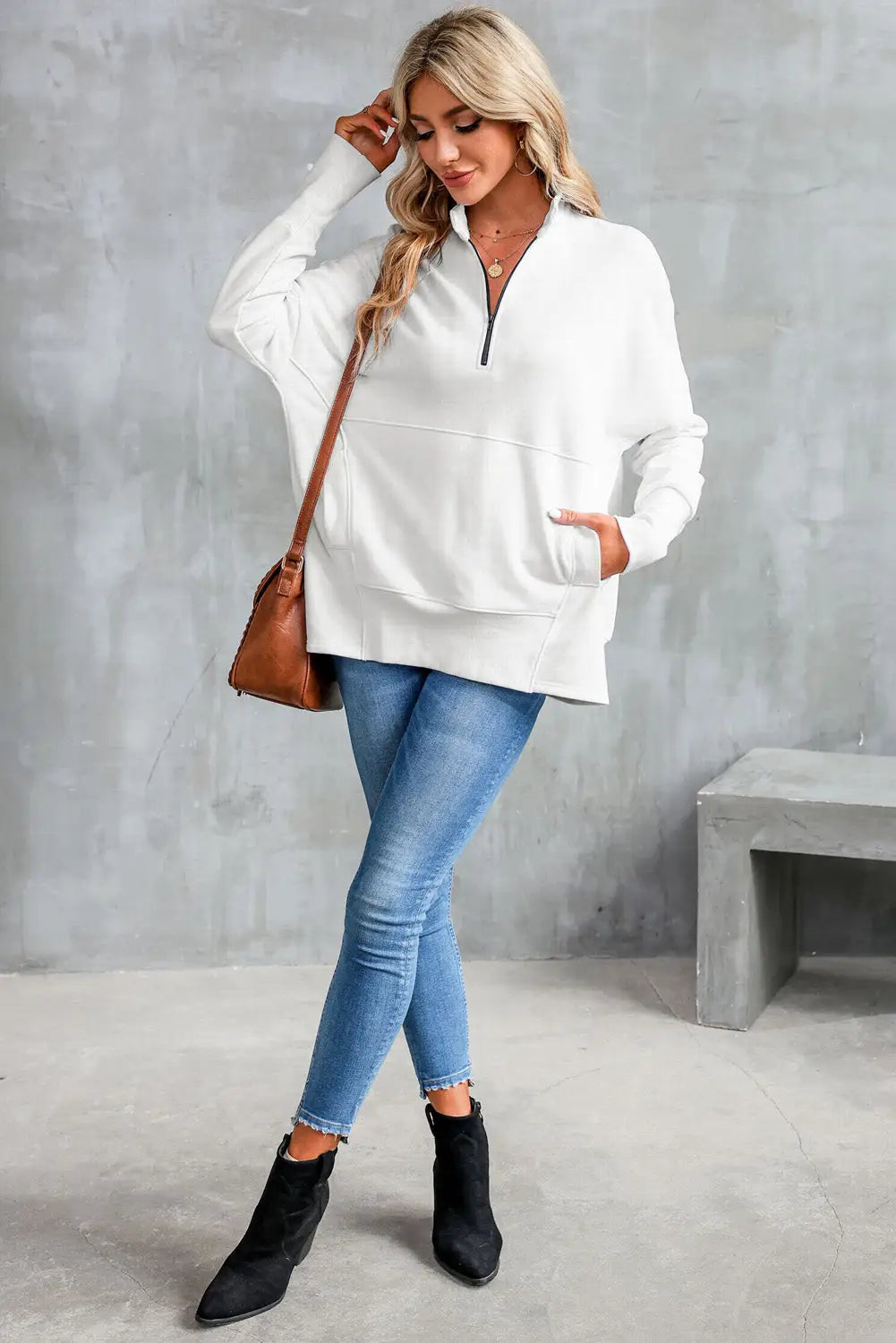 White oversized quarter-zip pullover sweatshirt - sweatshirts & hoodies