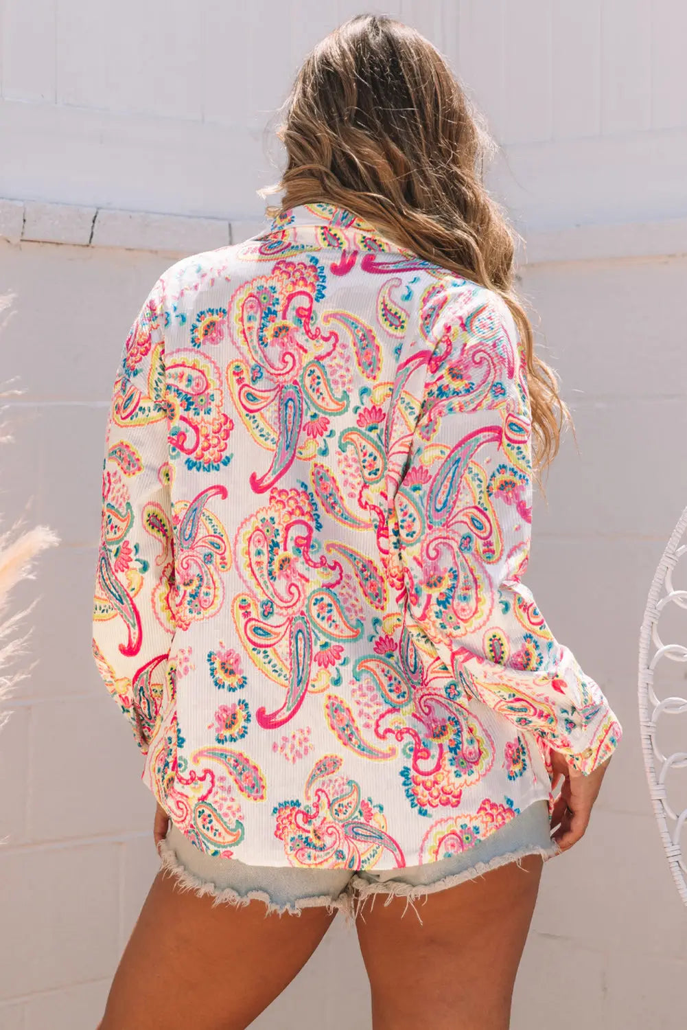 White paisley pattern print buttoned corduroy shacket - shackets