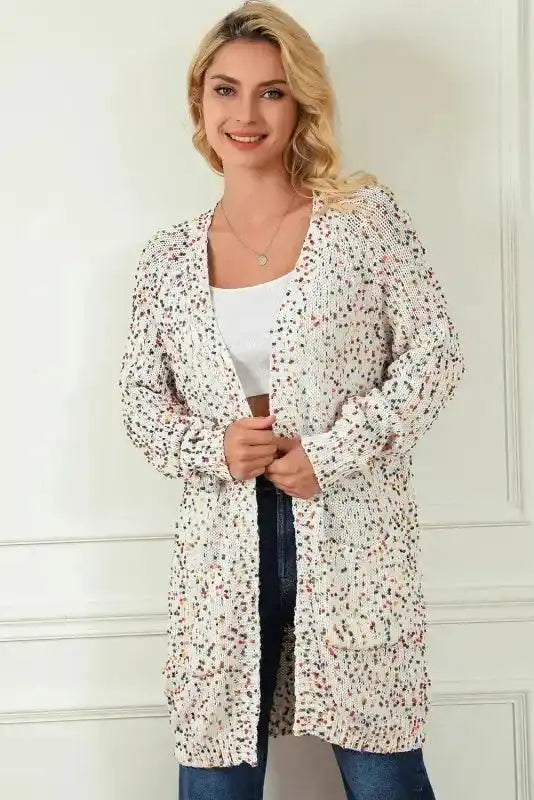 Front view of Patterned Sleeve White Sweater cardigan with ribbed hem and cuffs, perfect for daily wear and Southern Belle style.