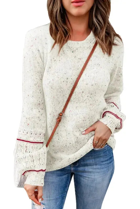 White Pilling Detail Patterned Sleeve Sweater - Fashionfitz