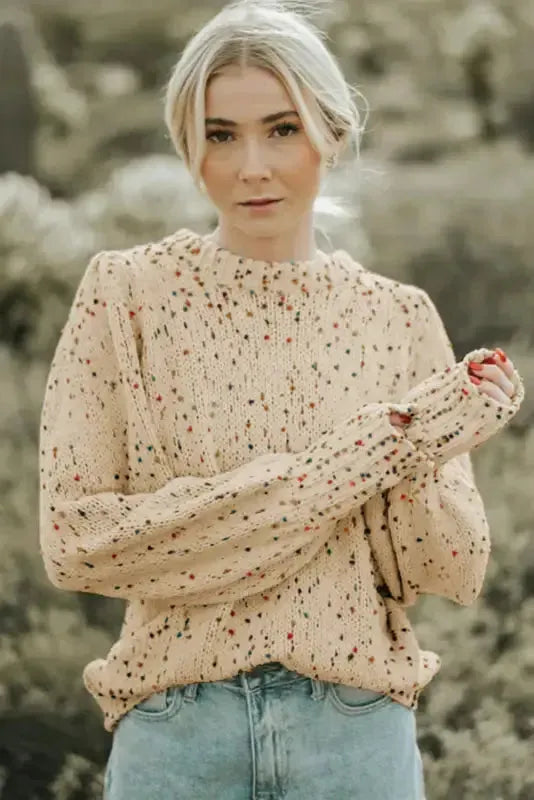 White Pilling Detail Patterned Sleeve Sweater - Fashionfitz