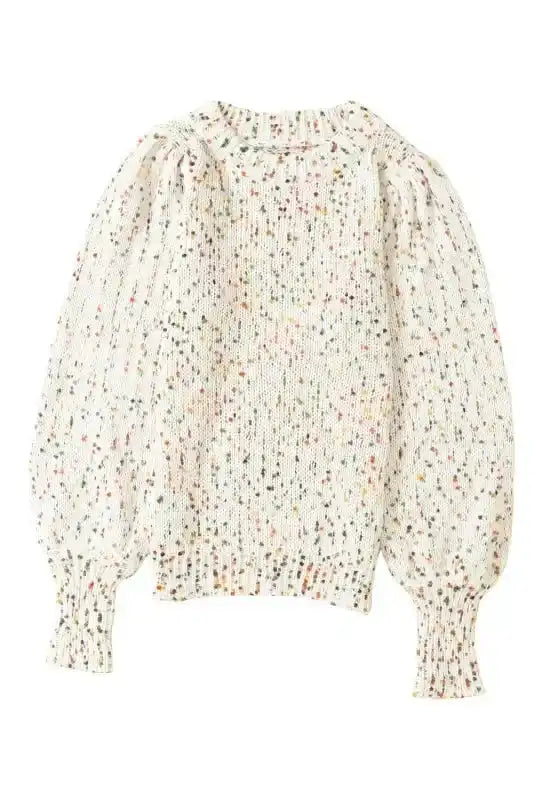 New In White Pilling Detail Patterned Sleeve Sweater with puffed long sleeves and ribbed cuffs, ideal for winter layering and casual wear.