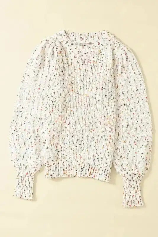 Flat lay of New In White Pilling Detail Patterned Sleeve Sweater showing full design with puff sleeves and ribbed hem.