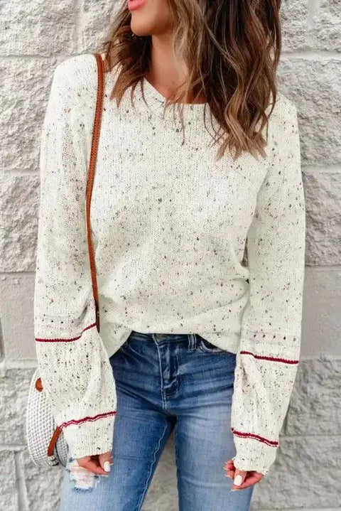 White pilling detail patterned stripe sleeve sweater front view — Fashionfitz UK