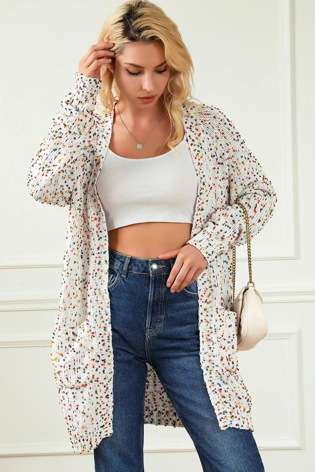 White pilling detail patterned sleeve sweater - tops