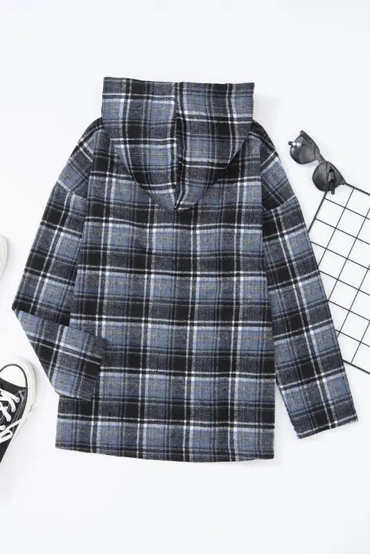 White plaid button neck pocketed pullover hoodie - tops