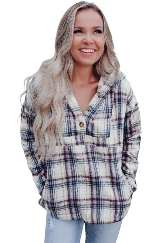 White plaid button neck pocketed pullover hoodie - tops