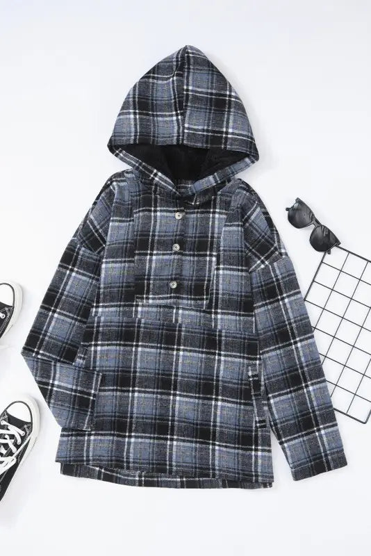 White plaid button neck pocketed pullover hoodie - tops