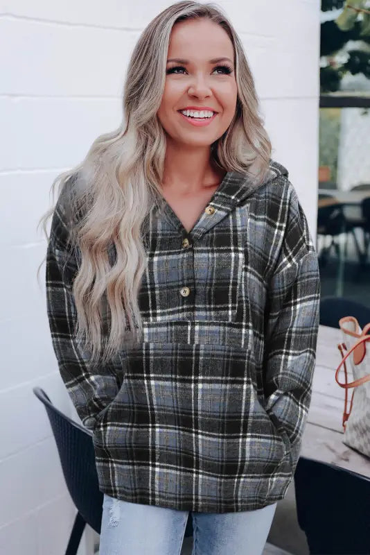 White plaid button neck pocketed pullover hoodie - tops