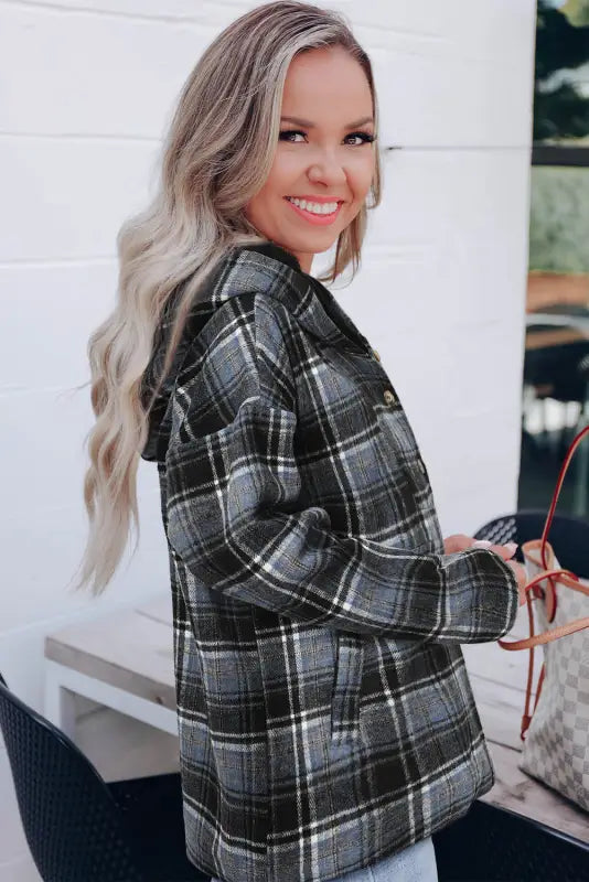 White plaid button neck pocketed pullover hoodie - tops