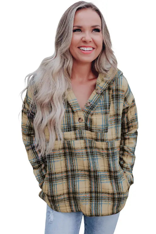 White plaid button neck pocketed pullover hoodie - tops