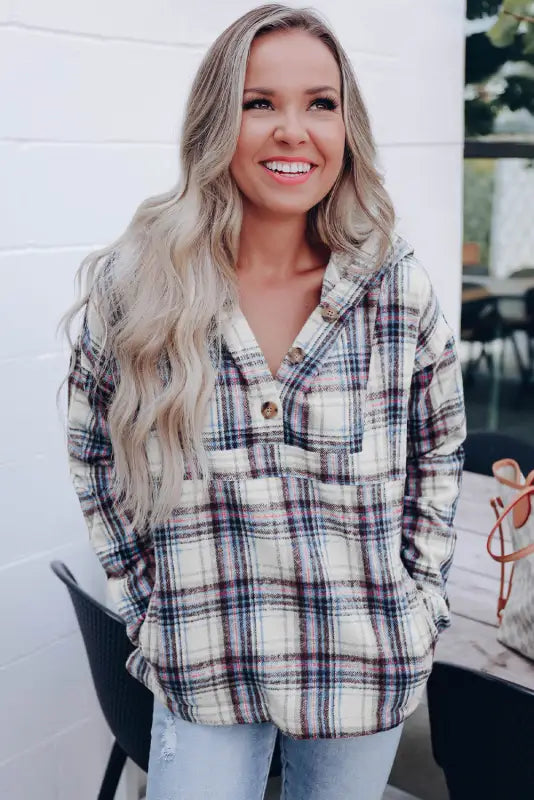 White plaid button neck pocketed pullover hoodie - tops