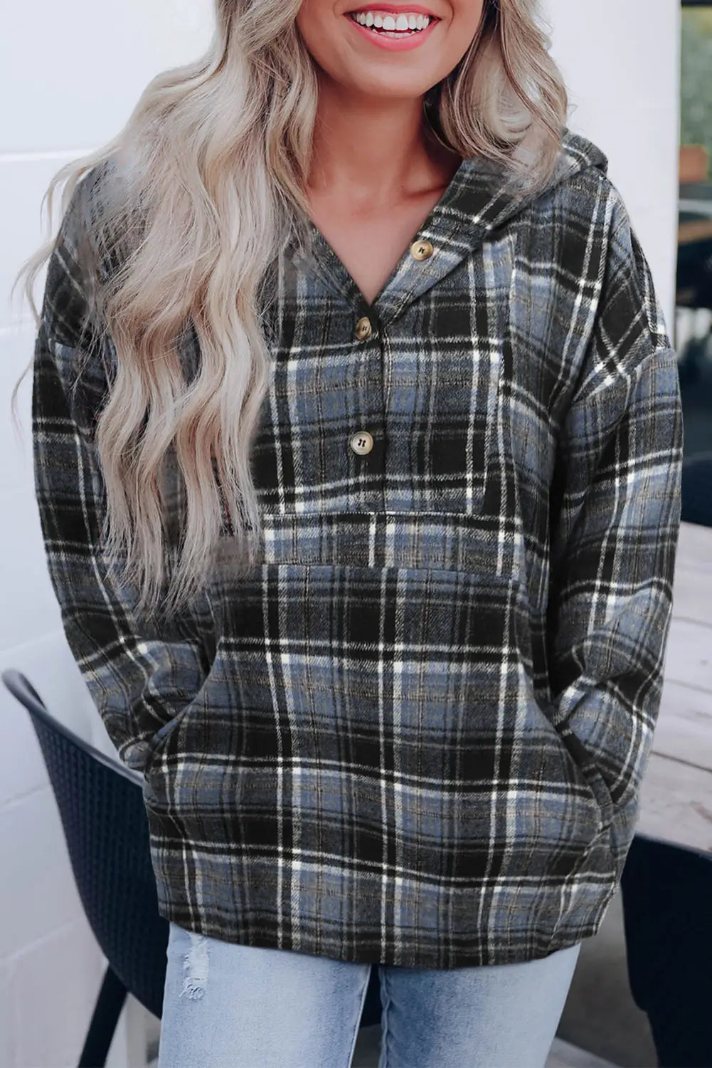 White plaid button neck pocketed pullover hoodie - black / 2xl / 100% polyester - tops