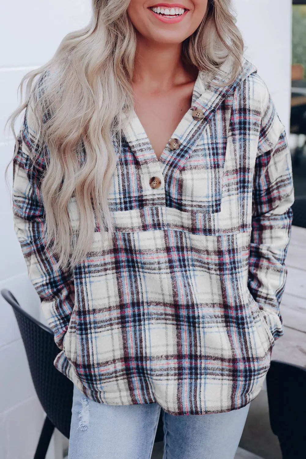 White plaid button neck pocketed pullover hoodie - s / 100% polyester - tops