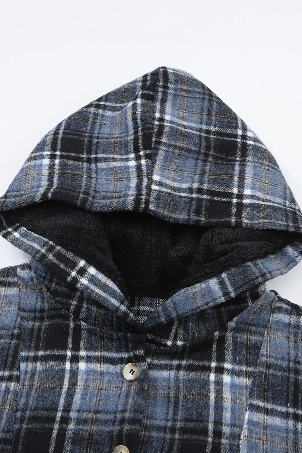 White plaid button neck pocketed pullover hoodie - tops